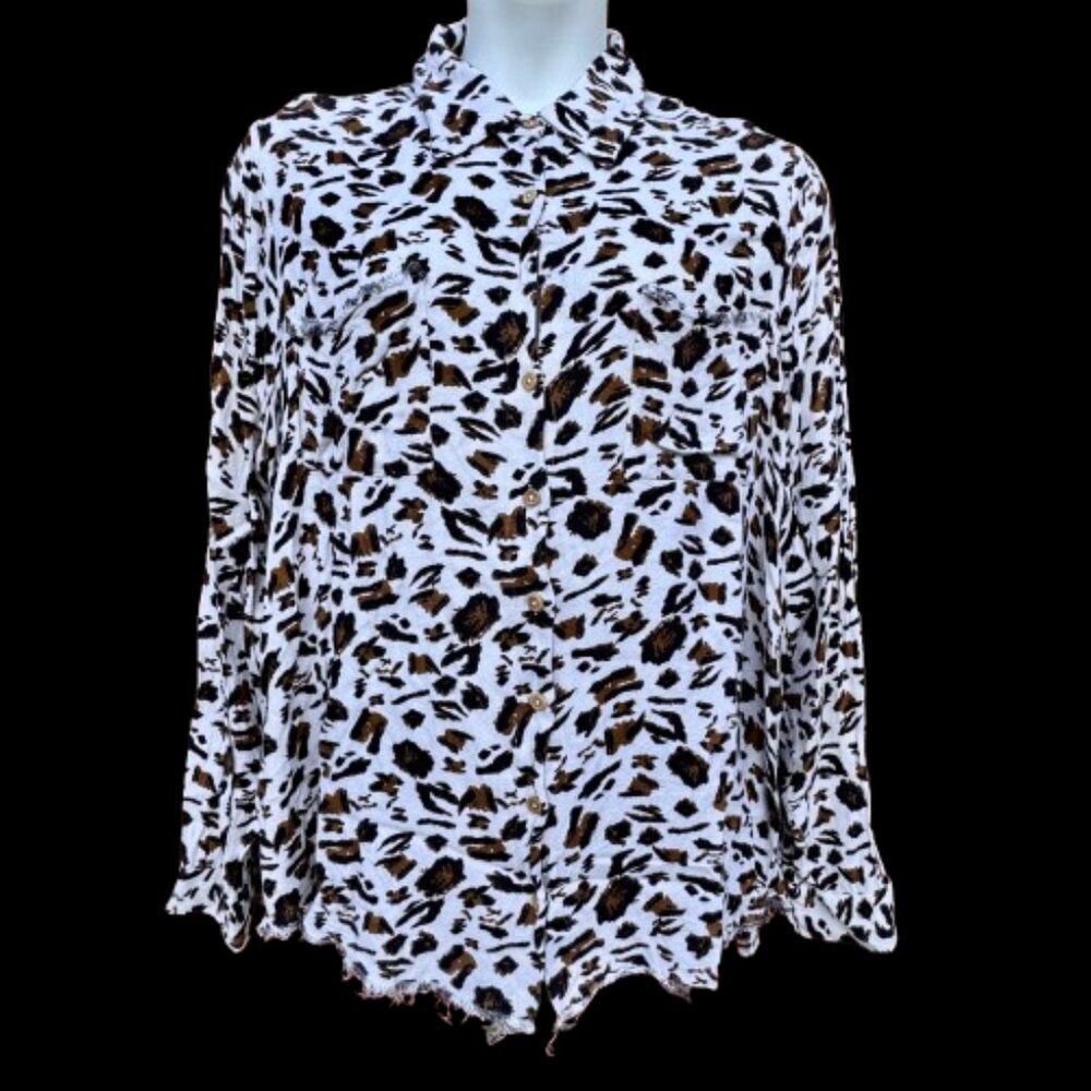Show Me Your Mumu Marcella Oversized Button Up Shirt XXL Cheetah Print Raw Hem